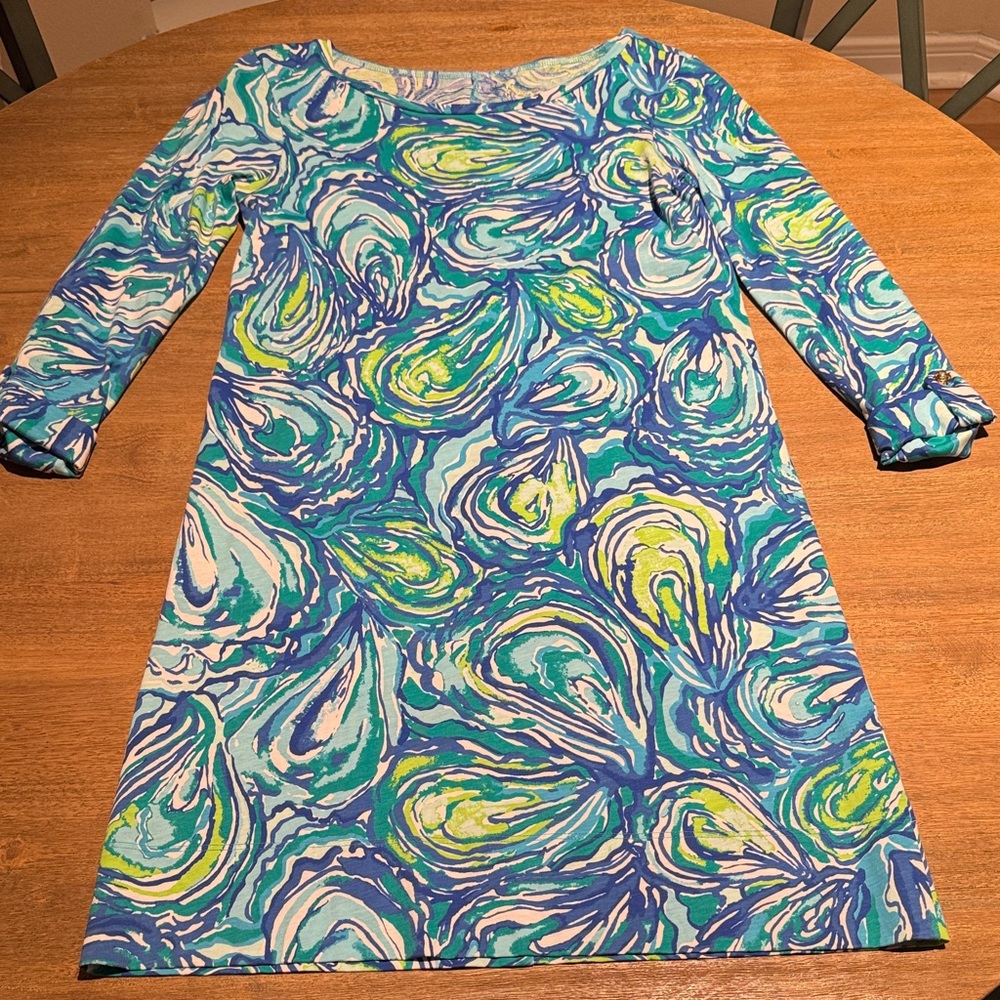 Lilly Pulitzer Fan Dance Long Sleeve Shift Dress Blue Green